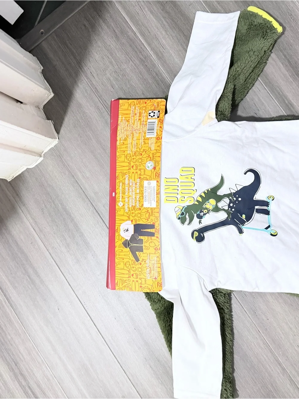 Kids Olive Green Fuzzy Puffer Jacket with Navy Pants and White Shirt Set